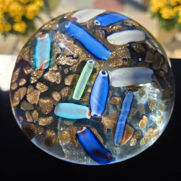 Large MCM Vintage Murano Sparkly Gold Flek Milifiori Candy Paperweight 2lbs 5oz. - Picture 7 of 16